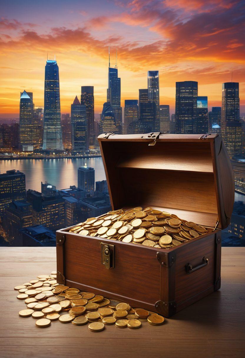 A serene and empowering scene of a diverse group of people celebrating financial success. Visualize an open treasure chest overflowing with gold coins and a glowing credit score metric chart beside it. Surround this central theme with imagery of calculators, financial documents, and a backdrop of a bright city skyline symbolizing opportunity. Soft, uplifting colors to evoke feelings of hope and achievement. super-realistic. vibrant colors. 3D.