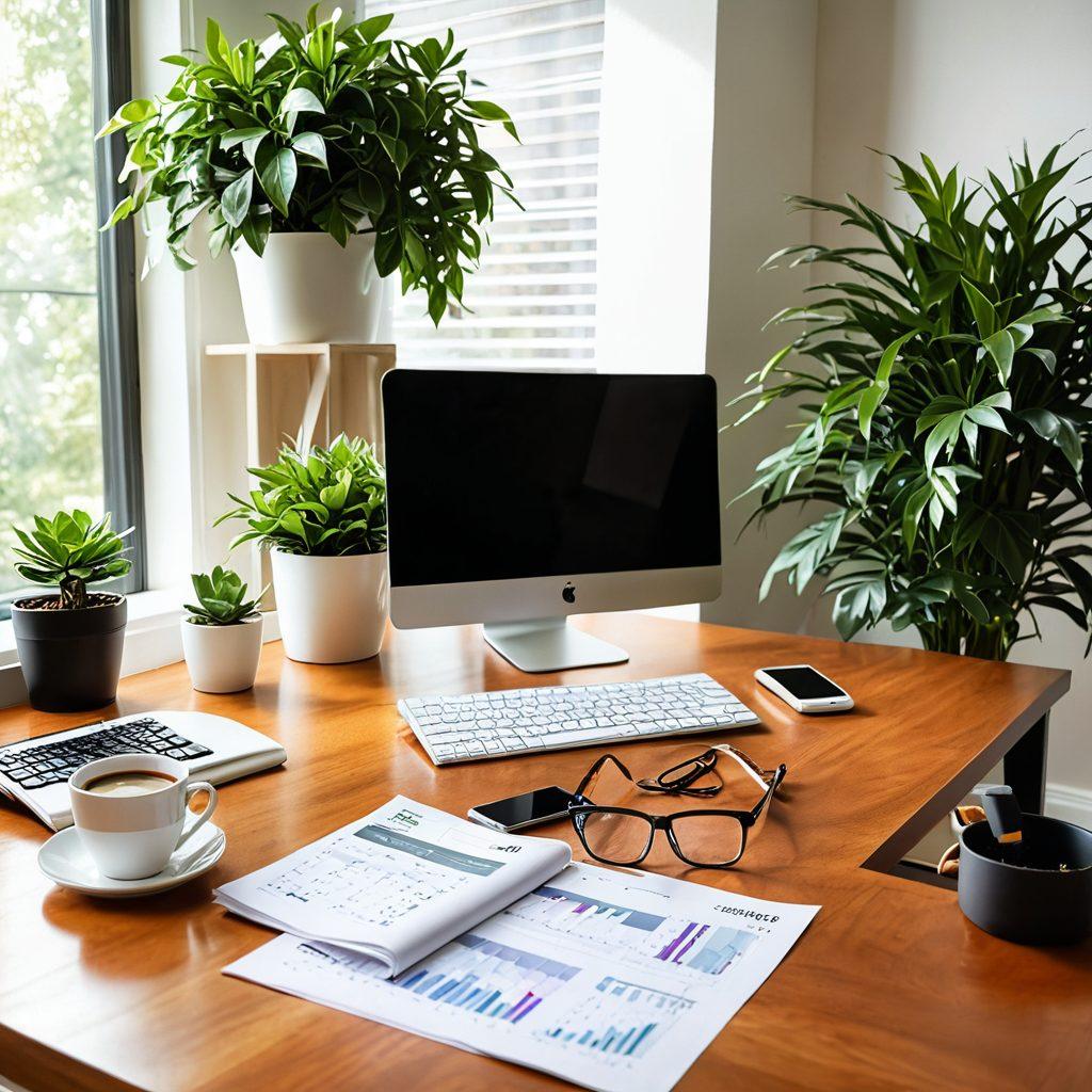 A serene workspace filled with financial tools like a calculator, budgeting spreadsheets, and a laptop displaying graphs. Surround this scene with lush green plants symbolizing growth and prosperity. Include a warm cup of coffee for a cozy touch, and soft natural light streaming through a window. super-realistic. vibrant colors. white background.