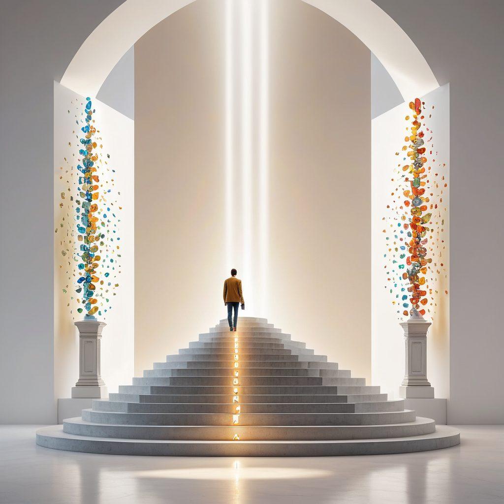 A person standing at the base of a large, glowing key symbolizing financial freedom, surrounded by barriers made of credit cards and debt chains that are gradually breaking apart. In the background, a vibrant staircase leading up towards a bright future filled with dollar signs and upward arrows. A gentle beam of light illuminating the scene, representing hope and potential. super-realistic. vibrant colors. white background.